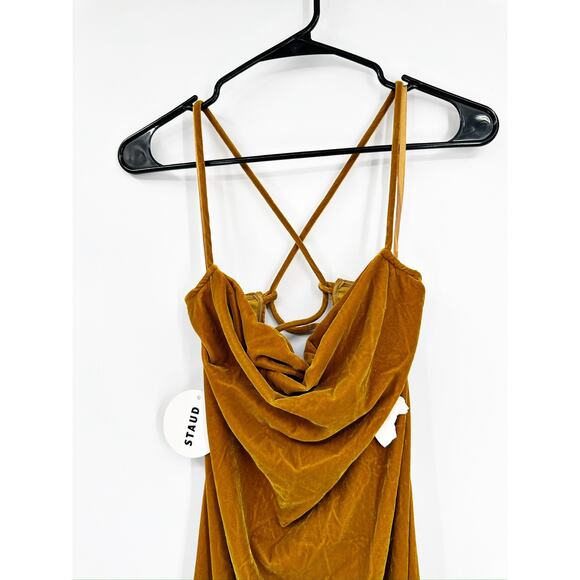 Staud Bellamy Stretch Velvet Sleeveless Strappy Caramel Midi Dress Size S NWT - Picture 3 of 5